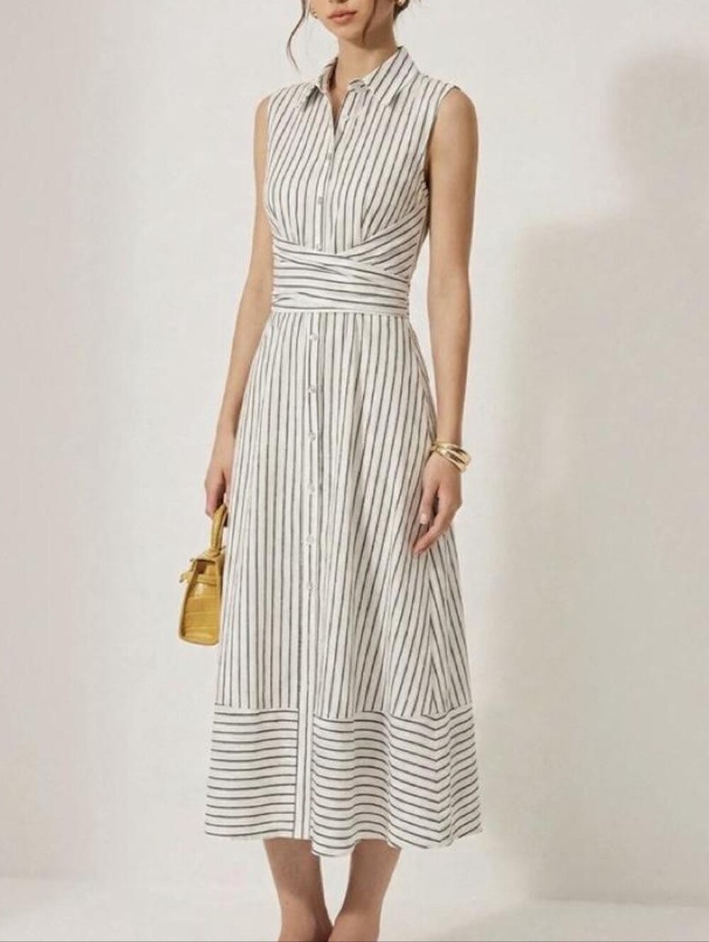 COMMENSE Sleeveless White and Black Striped Midi Shirt Dress